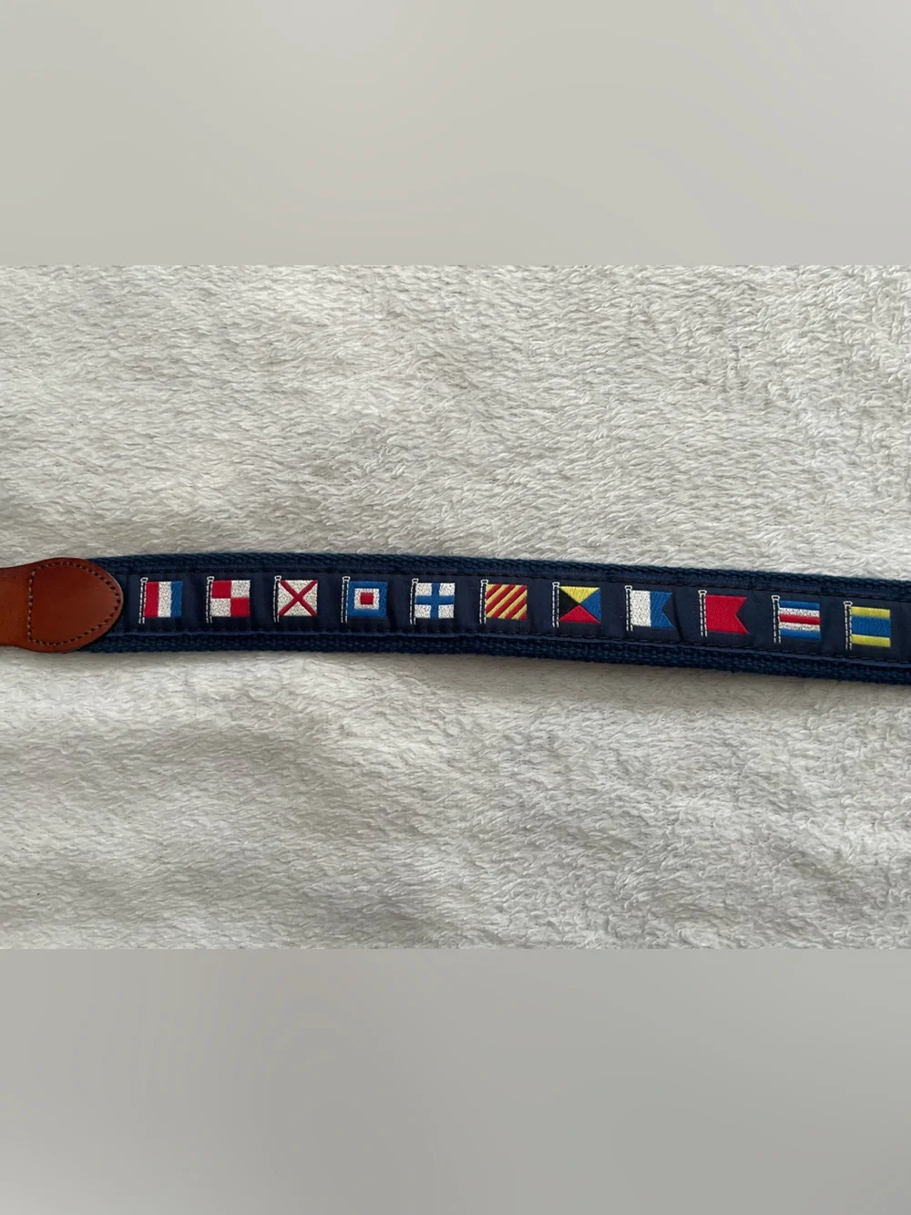 Leather Man Ltd size 36 Navy Flag Embroidered Belt with Brown Top Grain Leather